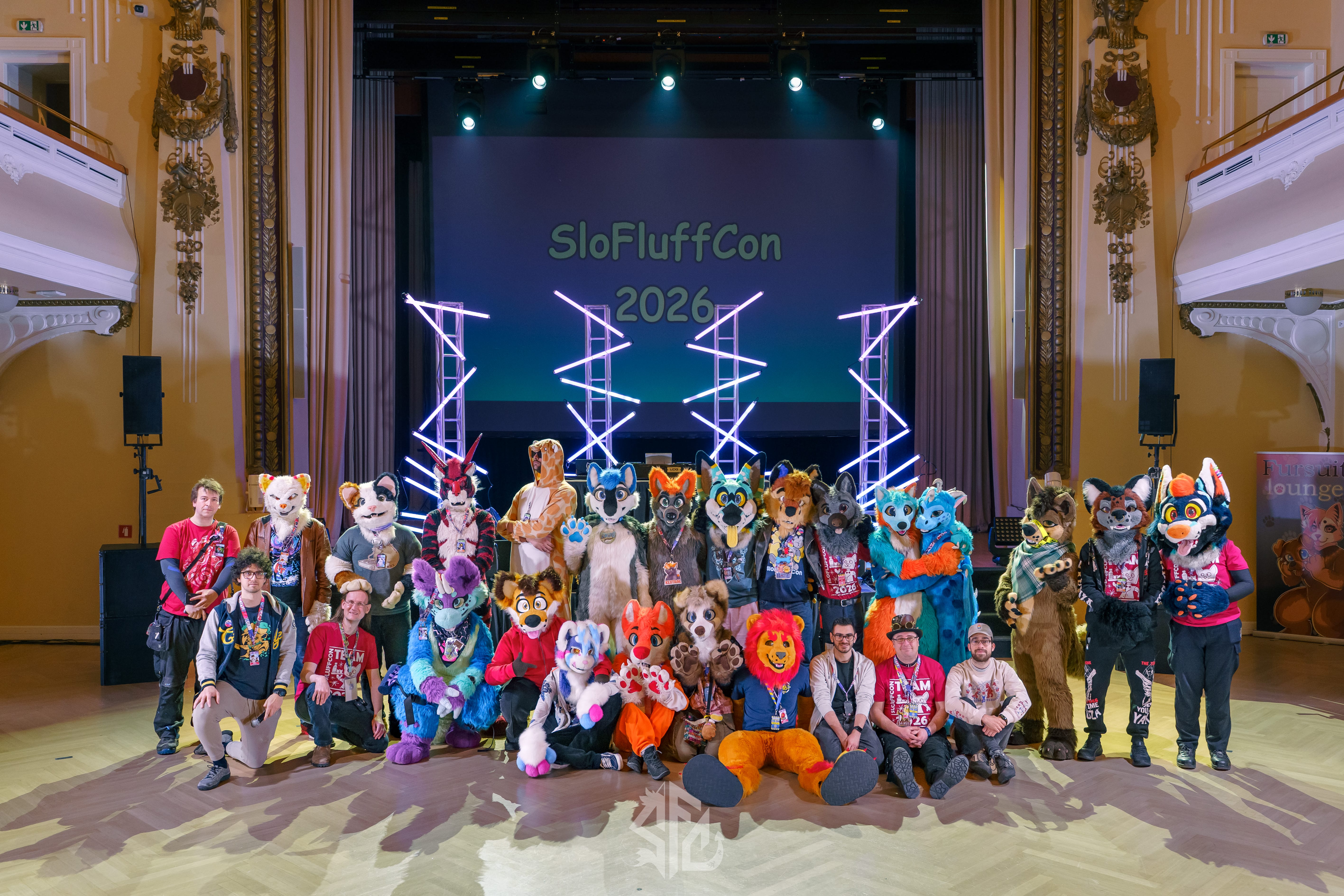 The SloFluffCon volunteer team together at the 2026 convention