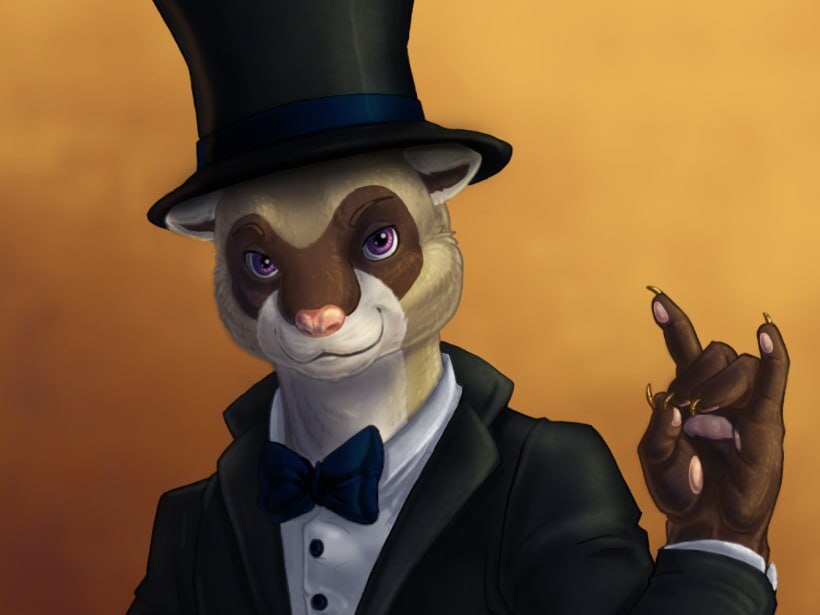 Alkali Bismuth, a black-footed ferret in a top hat, bow tie and tuxedo