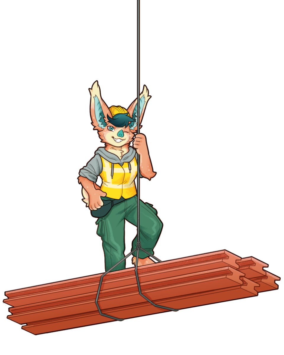 Bat mascot in a hard hat and hi-vis vest, riding a bundle of steel beams hanging from a crane line