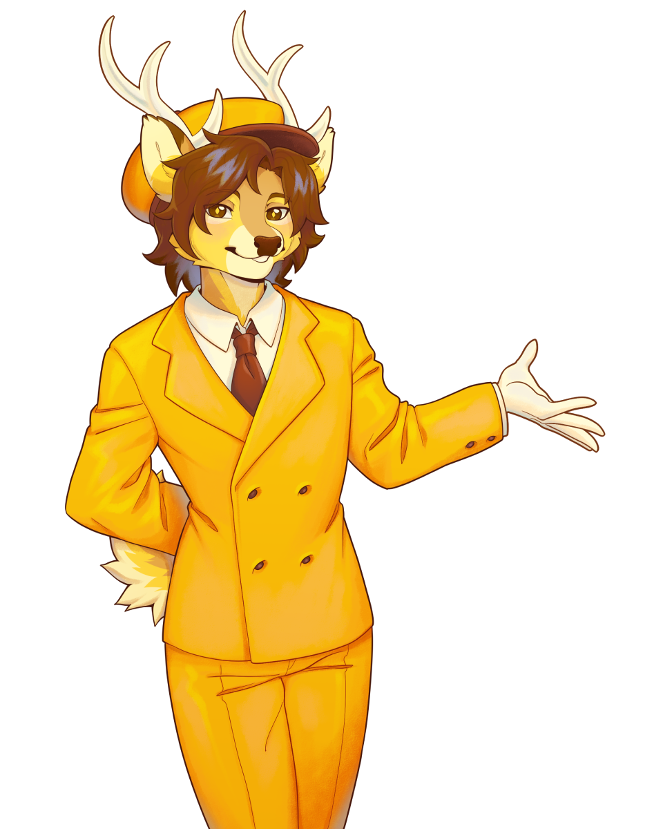 Buck mascot in a sharp orange suit and cap, smiling and gesturing with a gloved hand