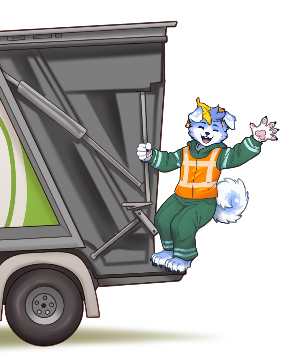 Dog mascot in work overalls waving from the back of a recycling truck
